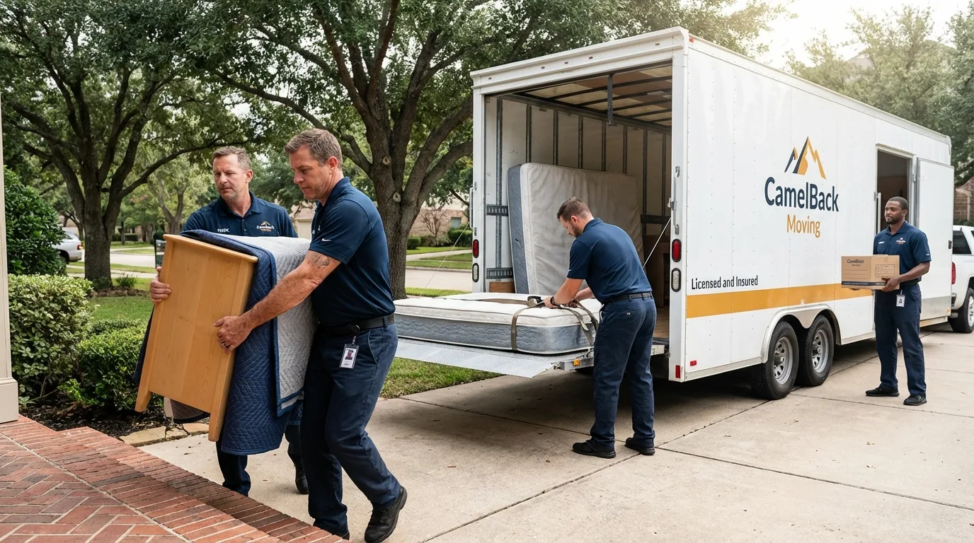 Crew loading residential truck for cross-state move from Baldwin, WI