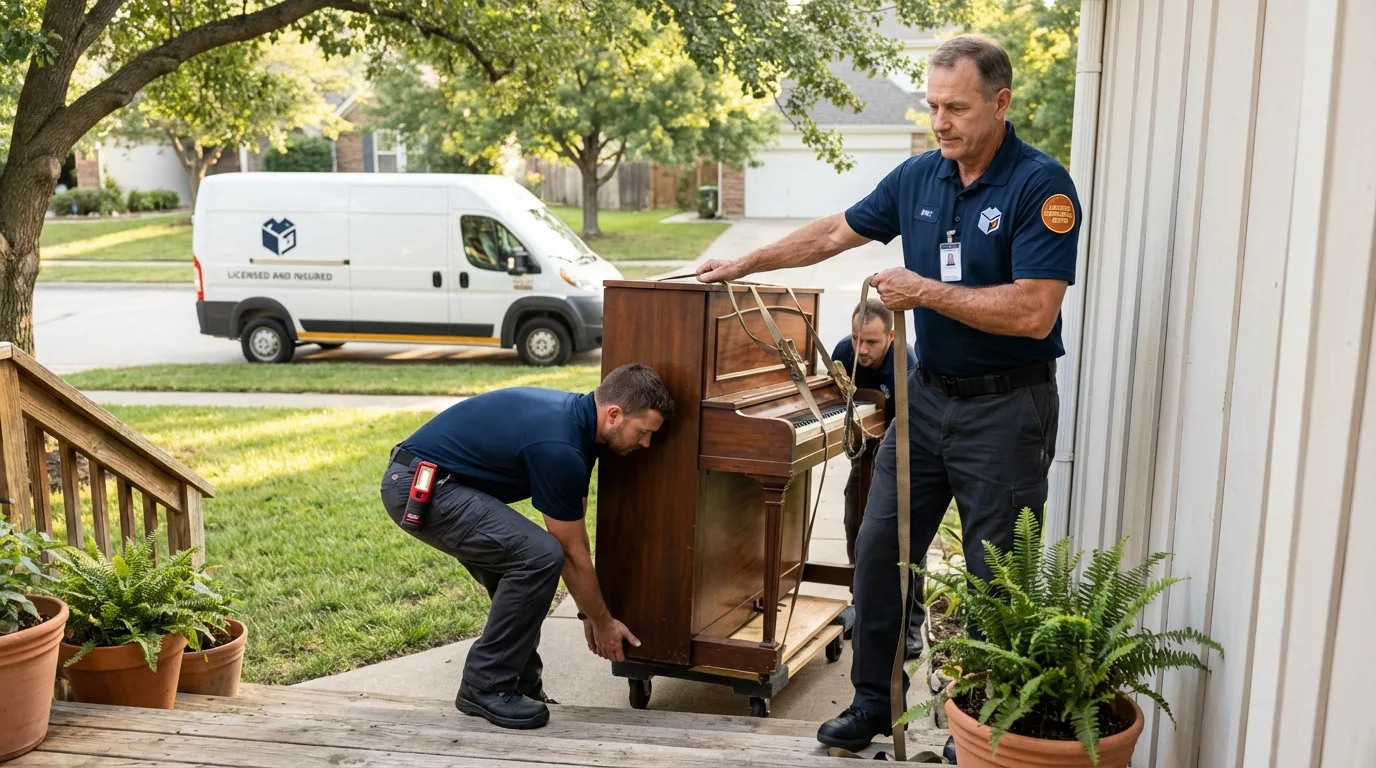 Licensed piano movers securing grand piano in Baldwin, WI