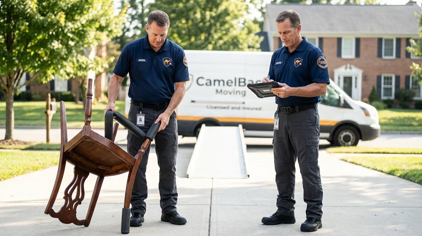Movers inspecting furniture for damage prevention before loading in Baldwin, WI