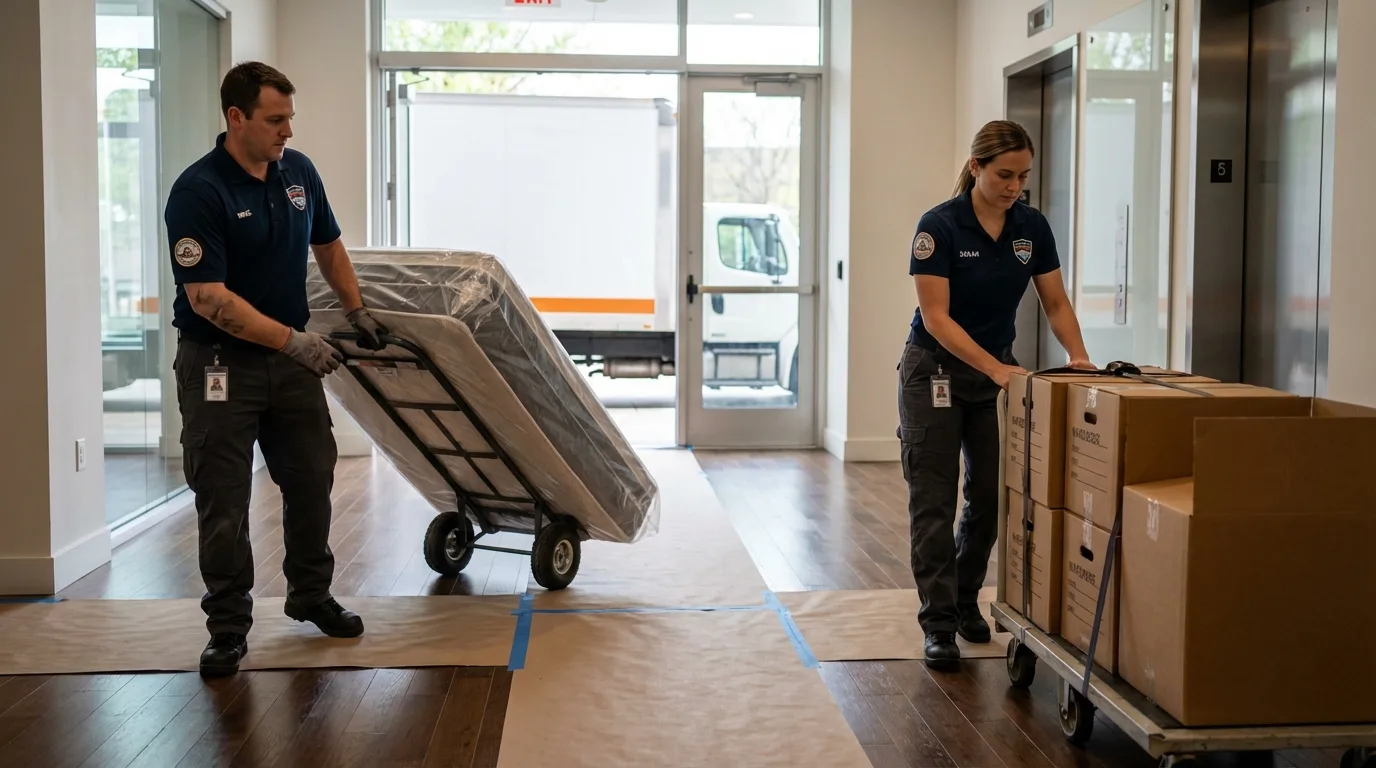 Professional apartment movers loading elevator in Baldwin, WI