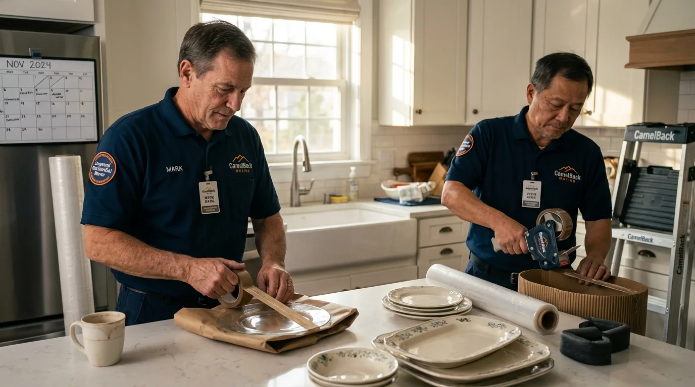 Professional crew packing kitchen dishware in Baldwin, WI